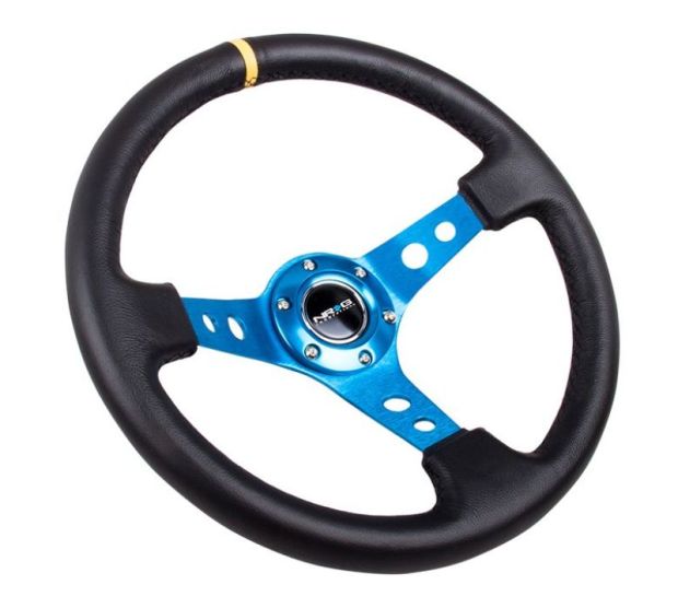 NRG Reinforced Steering Wheel (350mm / 3in. Deep) Blk Leather w/Blue Cutout Spoke & Single Yellow CM - RST-006BL-Y