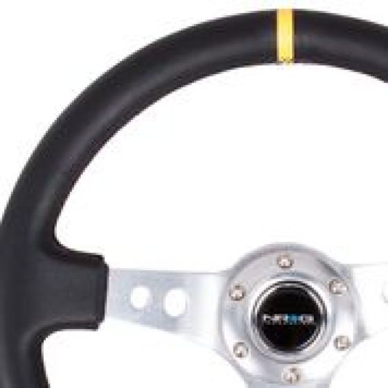 NRG Reinforced Steering Wheel (350mm / 3in. Deep) Blk Leather w/Circle Cut Spokes & Single Yellow CM - RST-006SL-Y